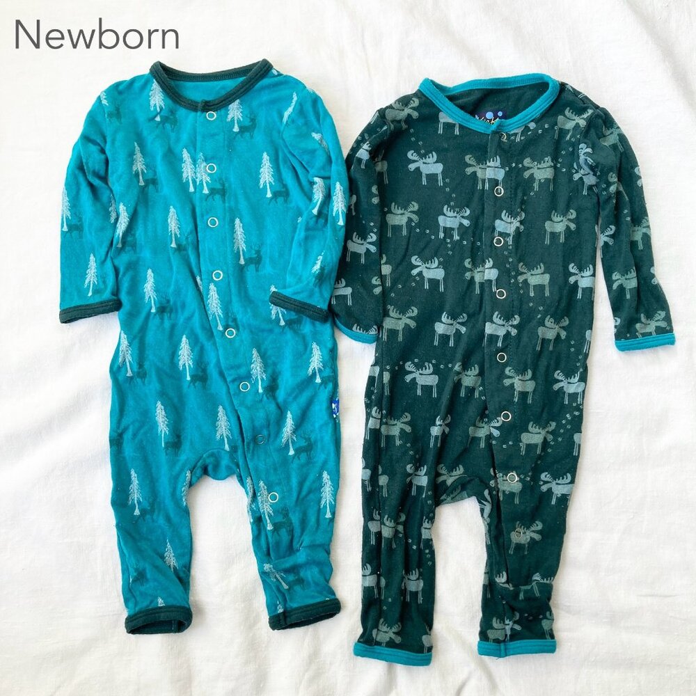 🪴5/$30 Kickee Pants Newborn Baby Blue Green Moose Trees Button Sleepers